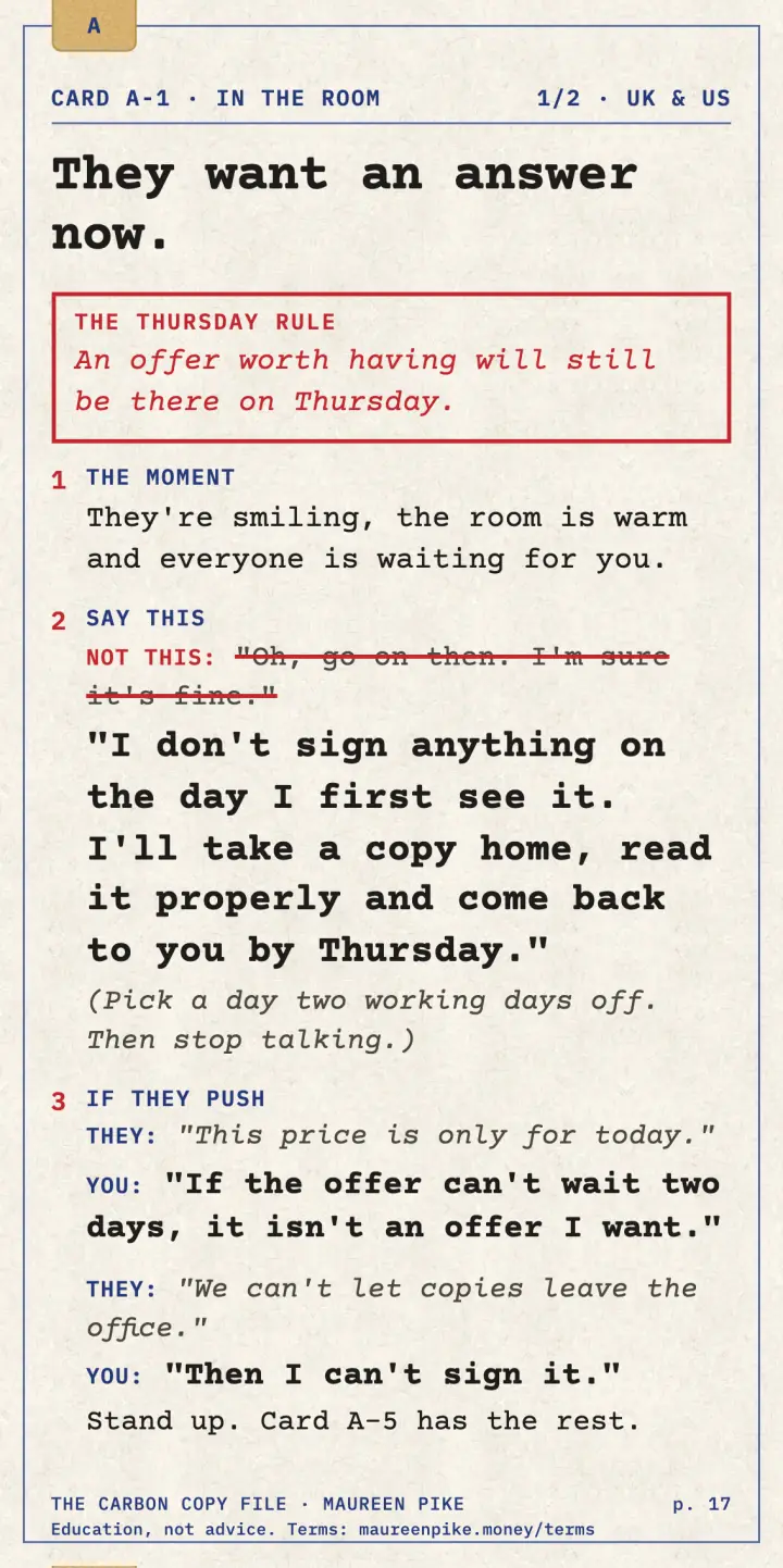 Card A-1, They want an answer now: the rule, the moment, what to say and the first push.