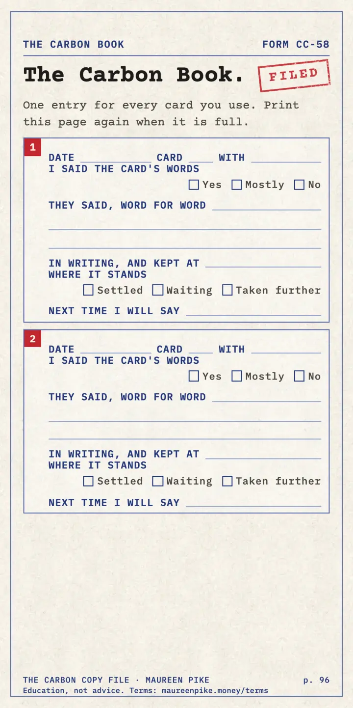 The Carbon Book: a page for noting down what was said.